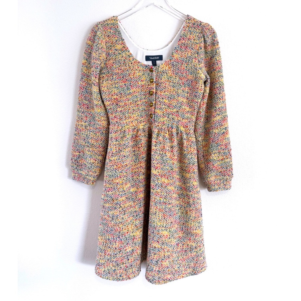 ModCloth Multi-Color Confetti Tweed Long Sleeve Mini Dress with Gold Buttons